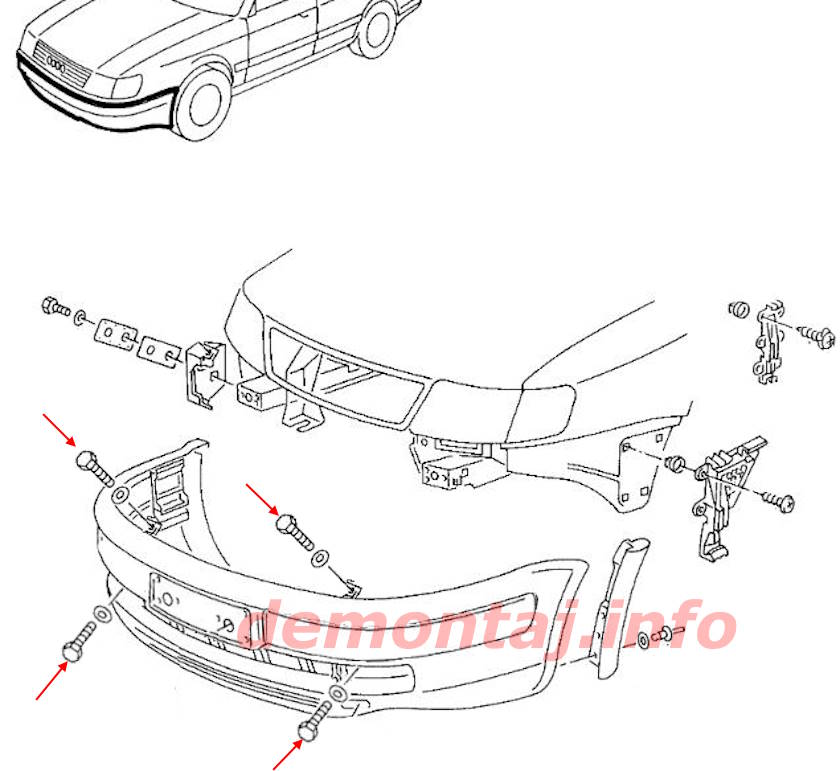 схема крепления переднего бампера Audi 100 C4 (1990–1994) 