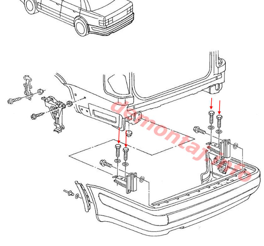 схема крепления заднего бампера Audi 100 C4 (1990–1994) 