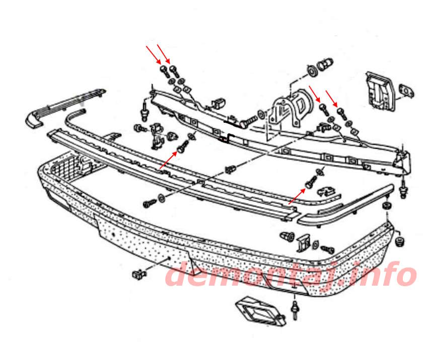 Схема крепления переднего бампера Audi 100 (C3) (1982–1991) 