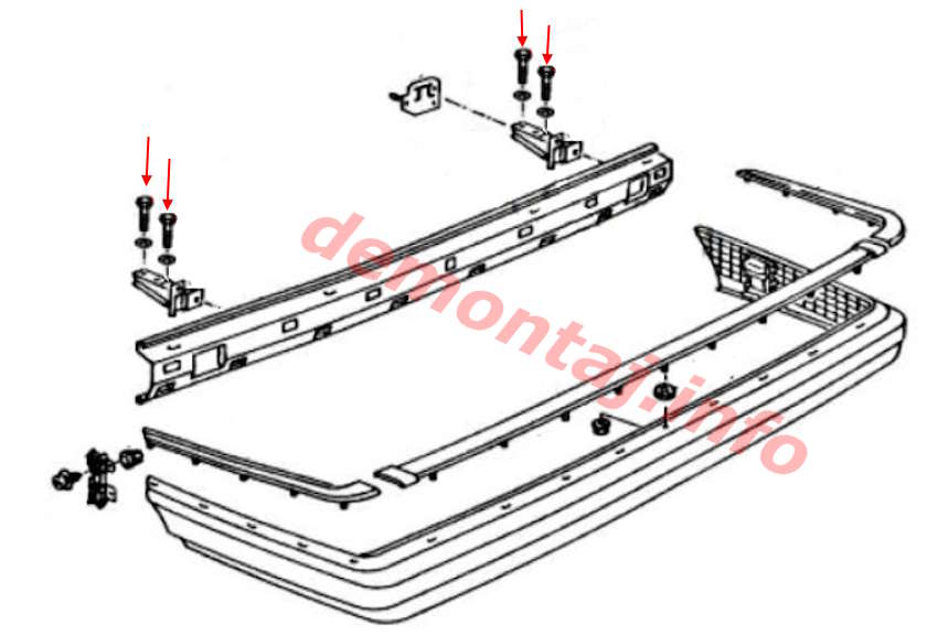 Схема крепления заднего бампера Audi 100 (C3) (1982–1991) 