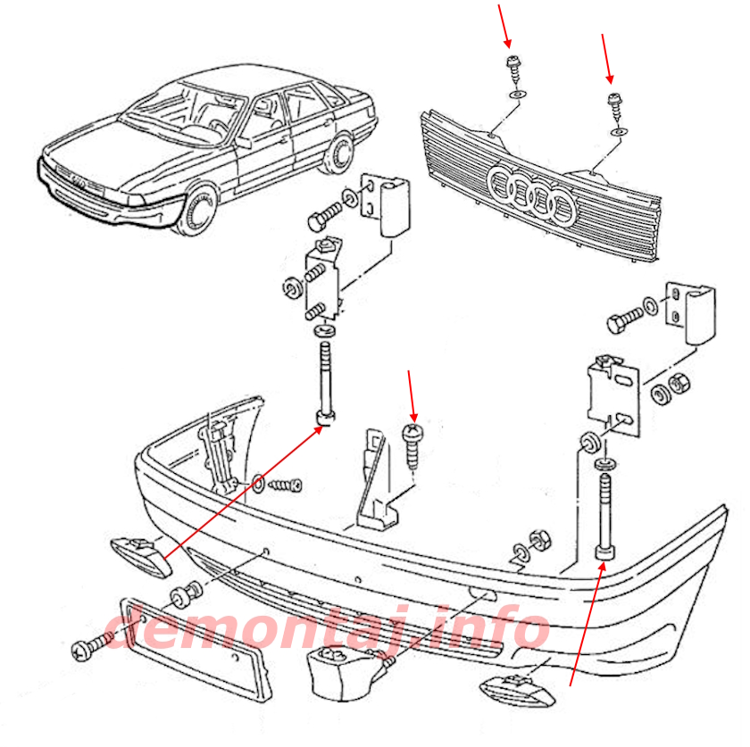 Схема крепления переднего бампера Audi 80 B3 (1986–1992)