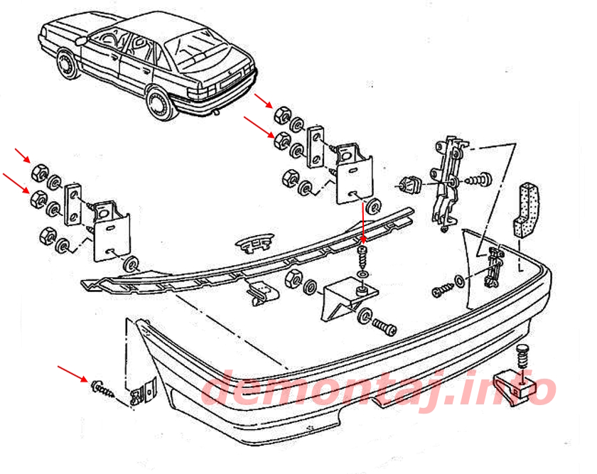 Схема крепления заднего бампера Audi 80 B3 (1986–1992)