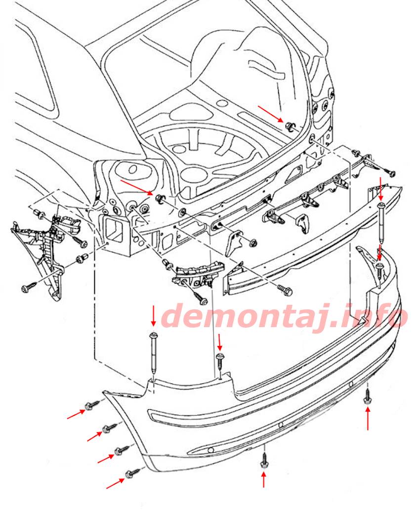 Схема крепления заднего бампера Audi A3 2004-2013 