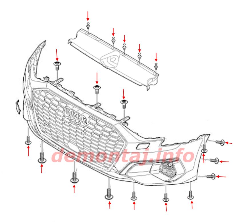 Схема крепления переднего бампера Audi A3 8Y (2020-2024)