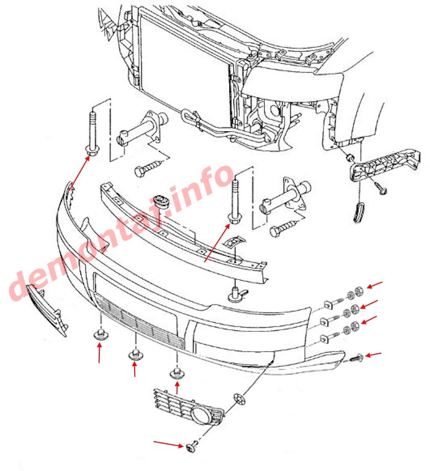 Схема крепления переднего бампера Audi A4 (S4) II B6 8E/8H 2001-2006 