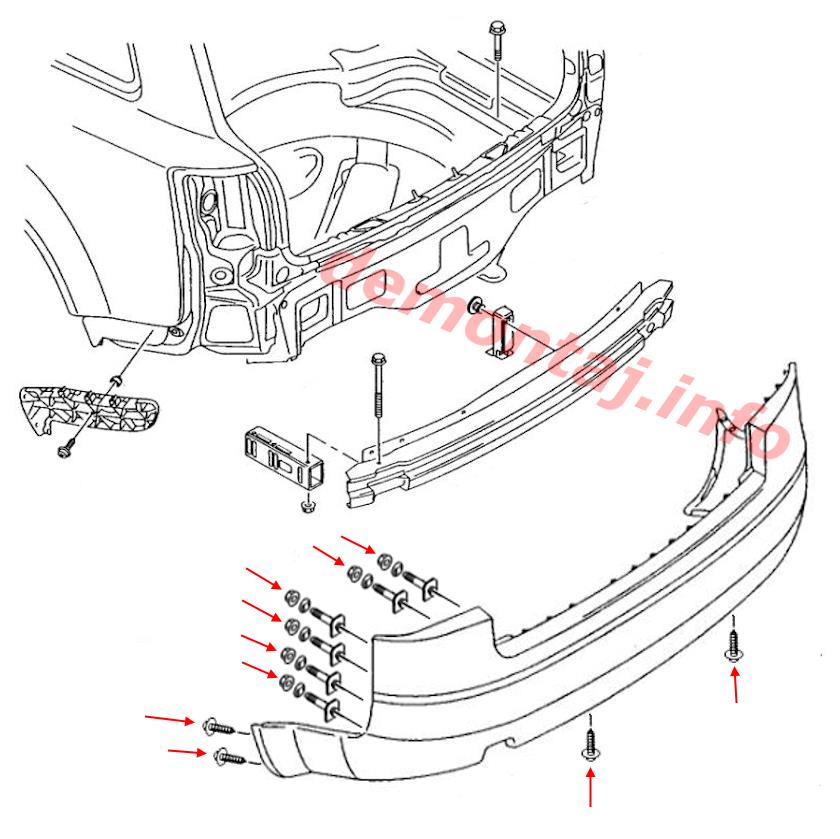 Схема крепления заднего бампера Audi A4 (S4) II B6 8E/8H 2001-2006 