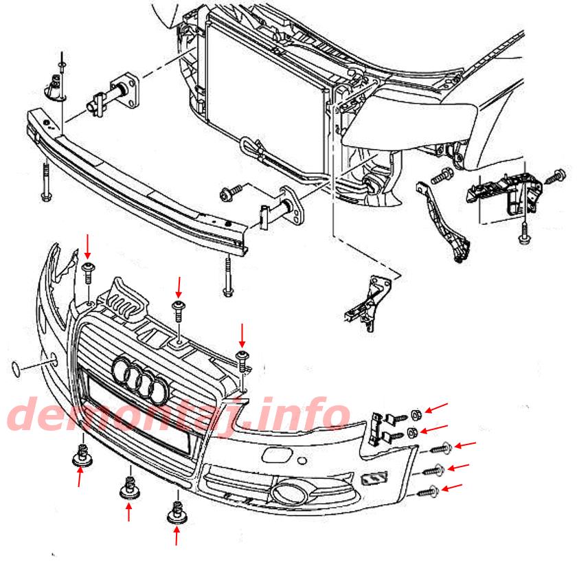 Схема крепления переднего бампера Audi A4 B7 (2004-2008) 