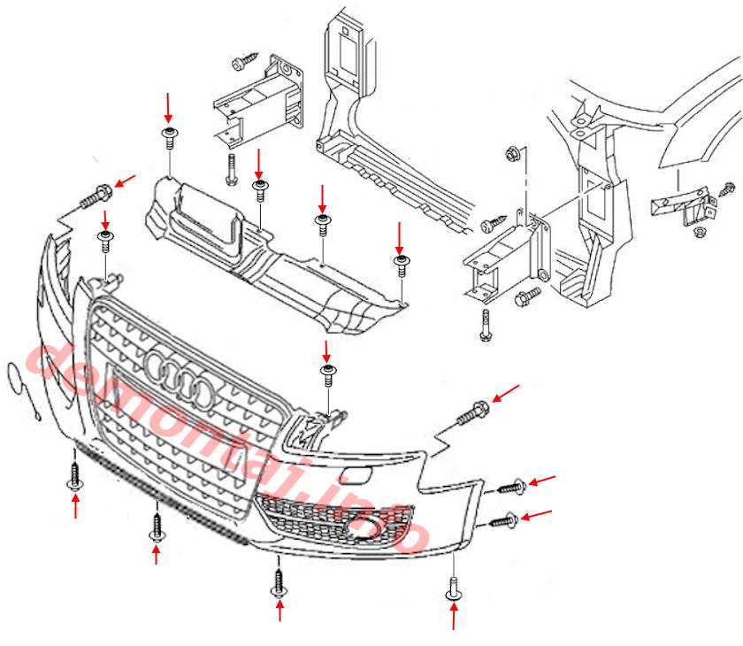 Схема крепления переднего бампера Audi A4 B8 (2008–2016)