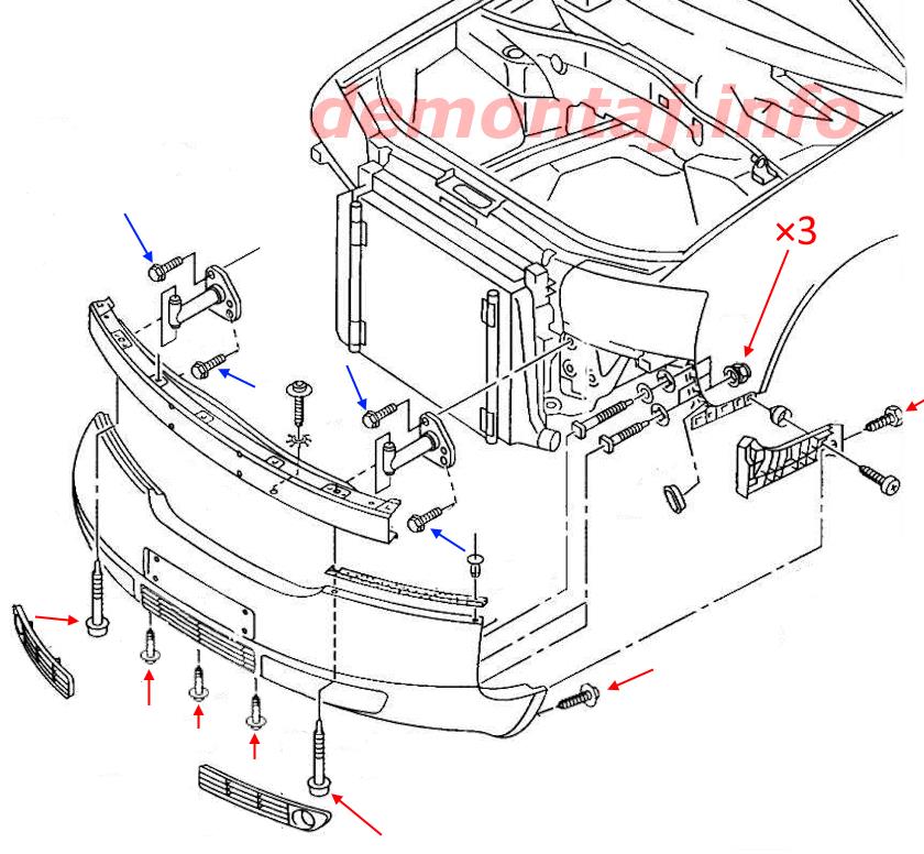 Схема крепления переднего бампера Audi A6 C5 (1997–2004) 