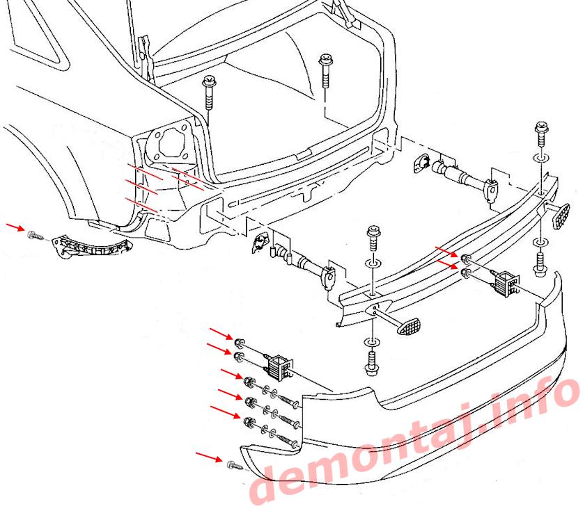 Схема крепления заднего бампера Audi A6 C5 (1997–2004) 