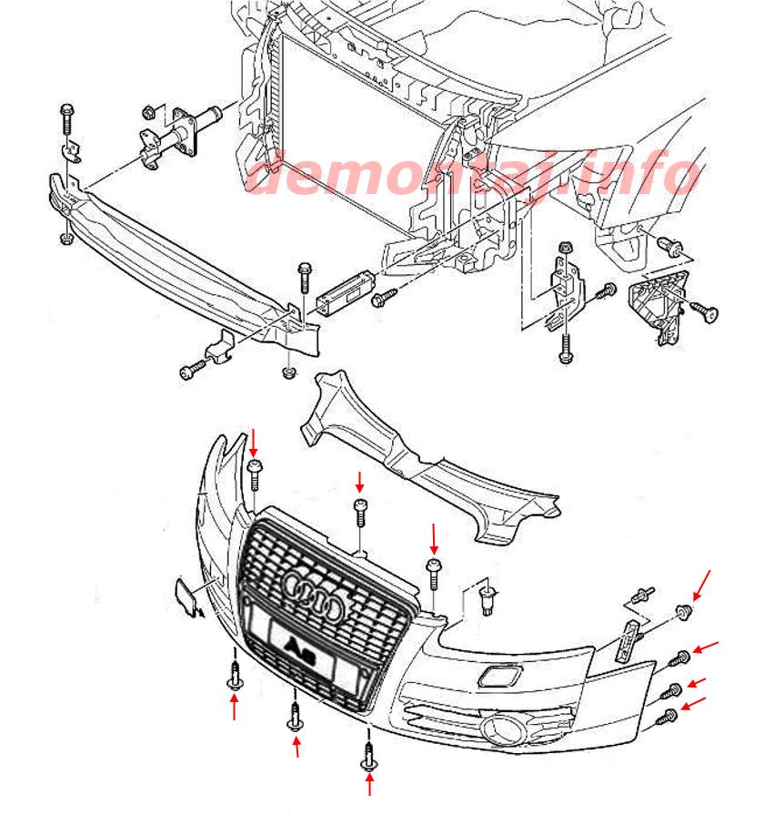 Схема крепления переднего бампера Audi A6 C6 (2004–2011) 