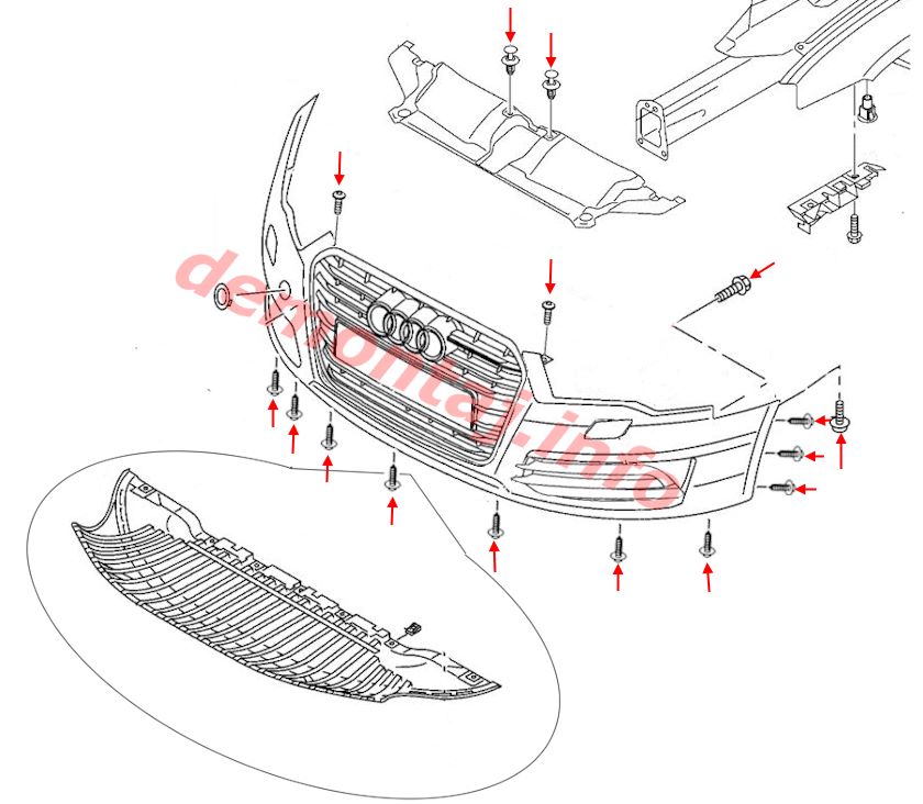 Схема крепления переднего бампера Audi A6 C7 (2012–2018) 