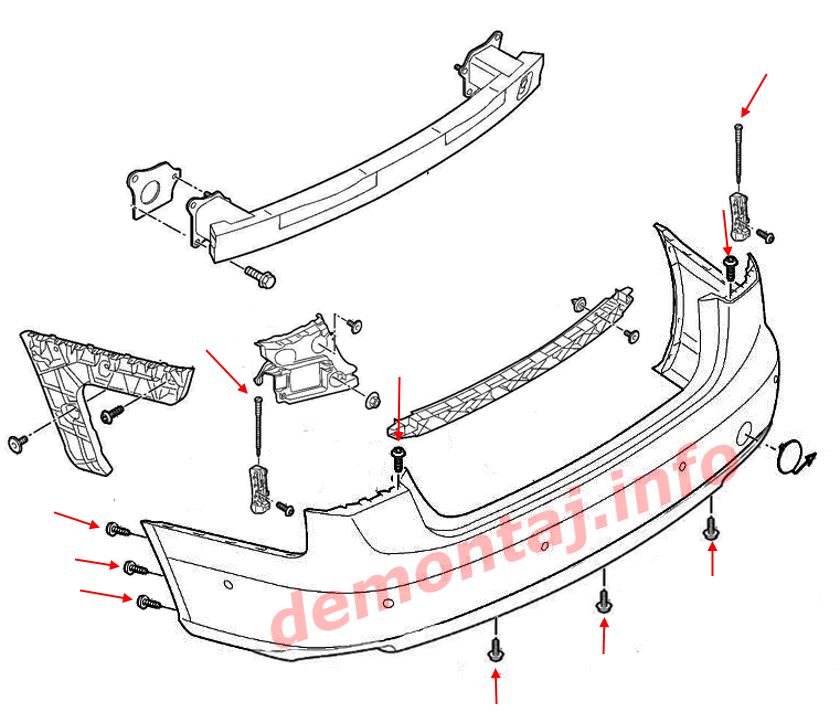 Схема крепления заднего бампера Audi A6 C7 (2012–2018) 