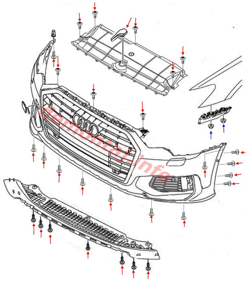 Схема крепления переднего бампера Audi A6 C8 (2019–2024) 