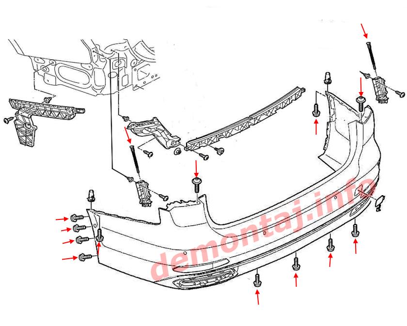 Схема крепления заднего бампера Audi A6 C8 (2019–2024) 