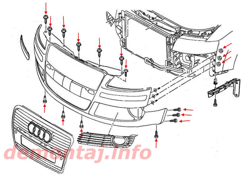 Схема крепления переднего бампера Audi A8 D3 (2003–2010) 