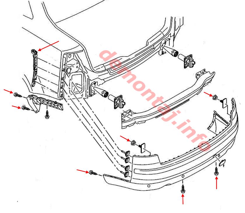 Схема крепления заднего бампера Audi A8 D3 (2003–2010) 