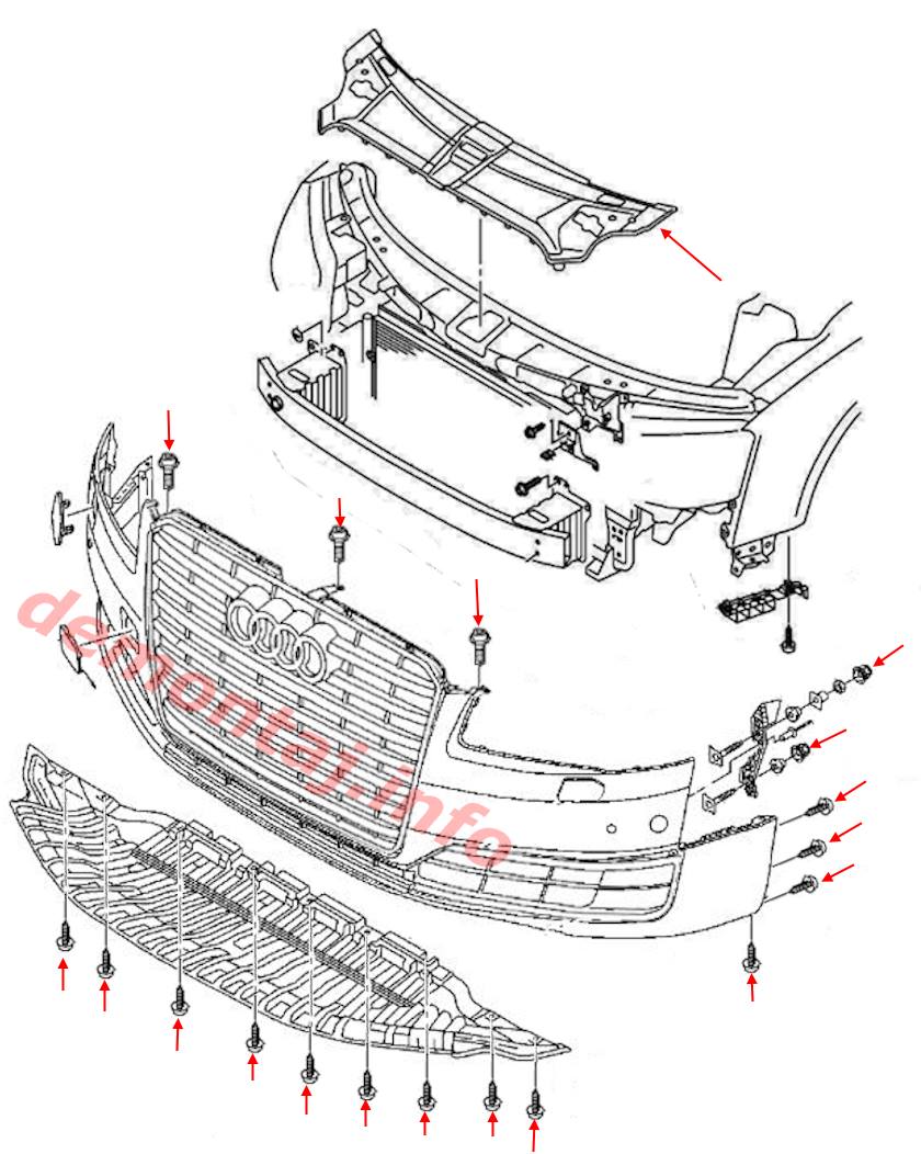 Схема крепления переднего бампера Audi A8 D4 (2010–2017) 