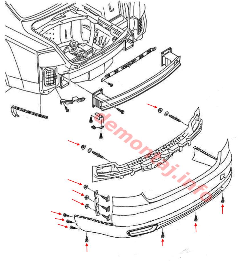 Схема крепления заднего бампера Audi A8 D4 (2010–2017) 