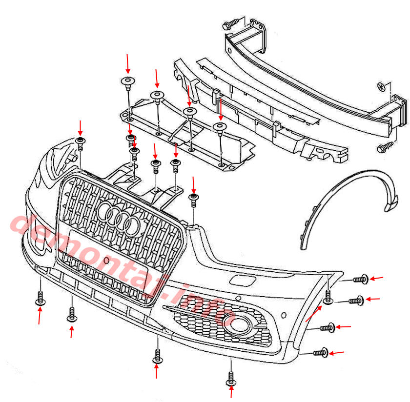 Схема крепления переднего бампера Audi Q3 I 8U (2011–2018) 