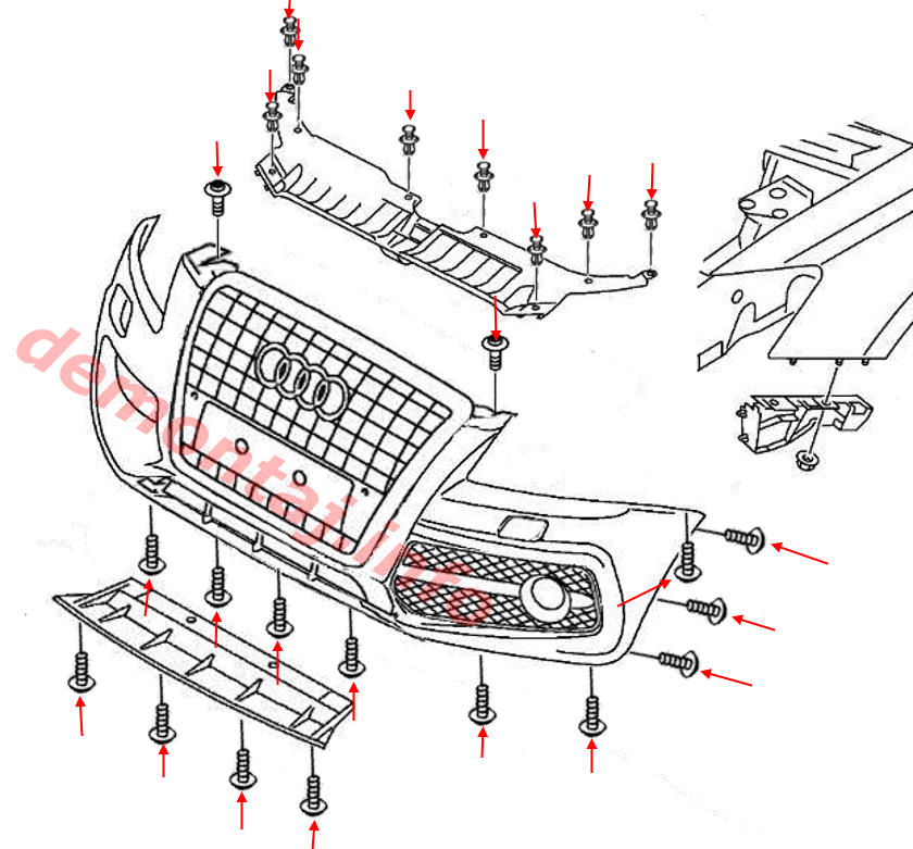 Схема крепления переднего бампера Audi Q5 I 8R (2009-2017) 