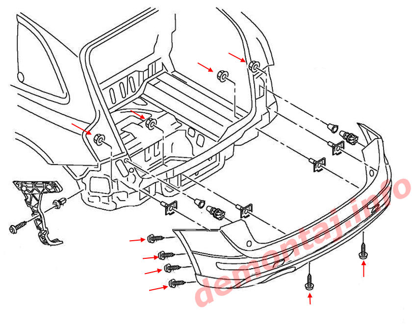Схема крепления заднего бампера Audi Q5 I 8R (2009-2017) 