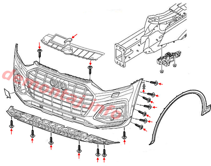 Схема крепления переднего бампера Audi Q5 II FY 80A (2017-2024) 
