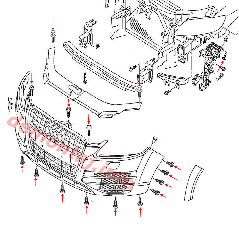 Схема крепления переднего бампера Audi Q7 I 4L (2006-2015) 