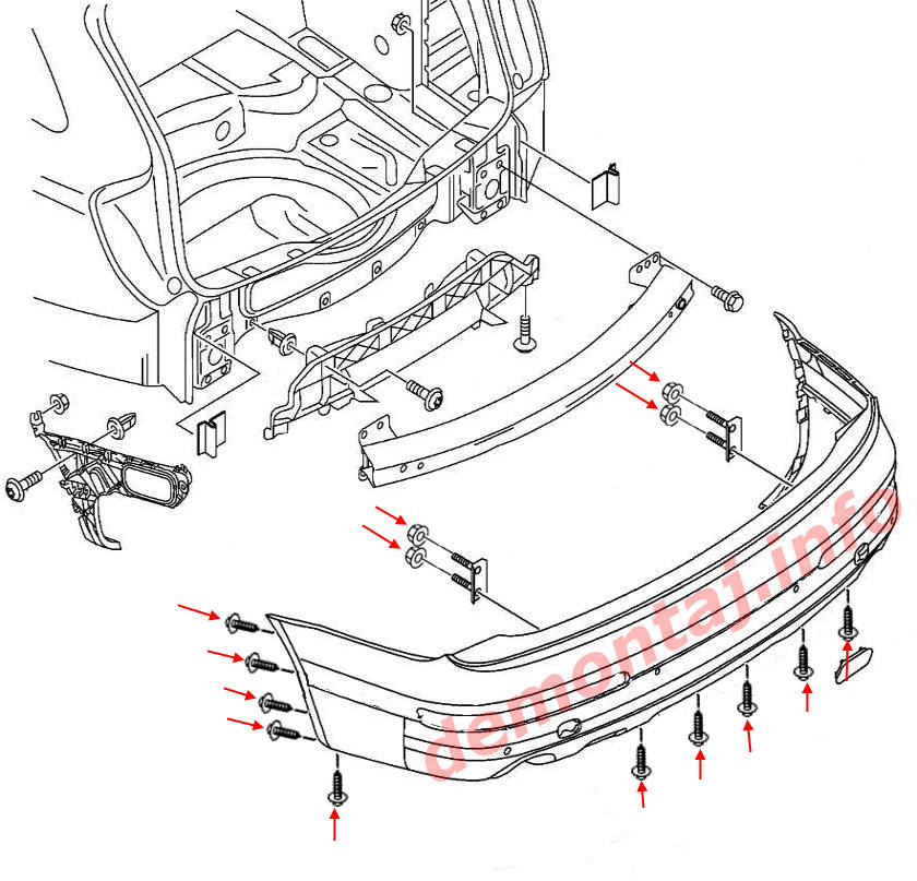Схема крепления заднего бампера Audi Q7 I 4L (2006-2015) 