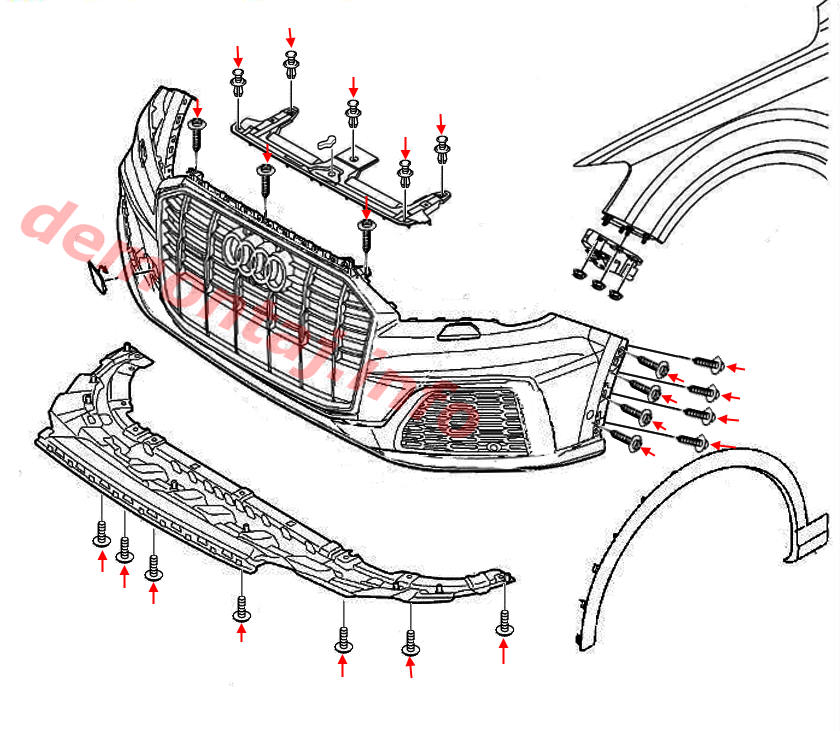 Схемв крепления переднего бампера Audi Q7 II 4M (2016-2024) 