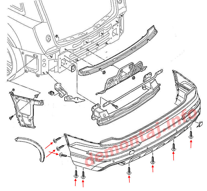 Схема крепления заднего бампера Audi Q7 II 4M (2016-2024) 