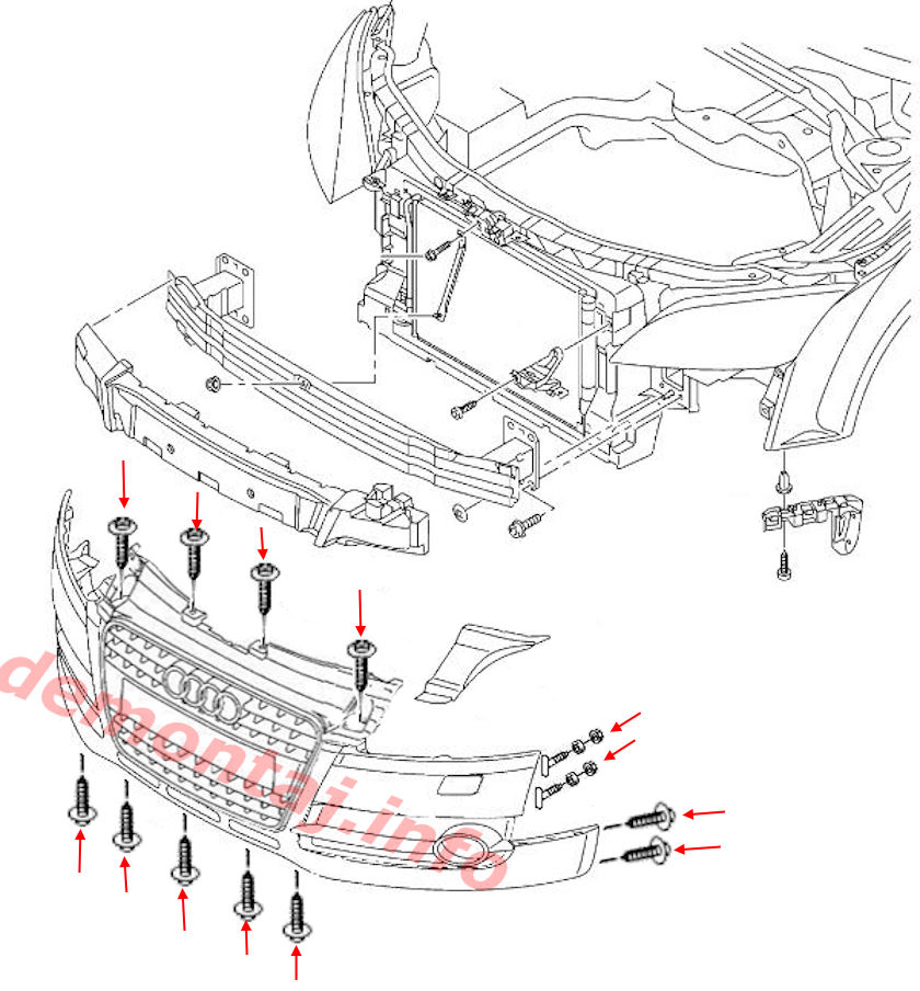 Схема крепления переднего бампера Audi TT II 8J (2006-2014) 