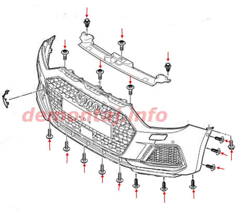Схема крепления переднего бампера Audi A1 II (2019–2024) 