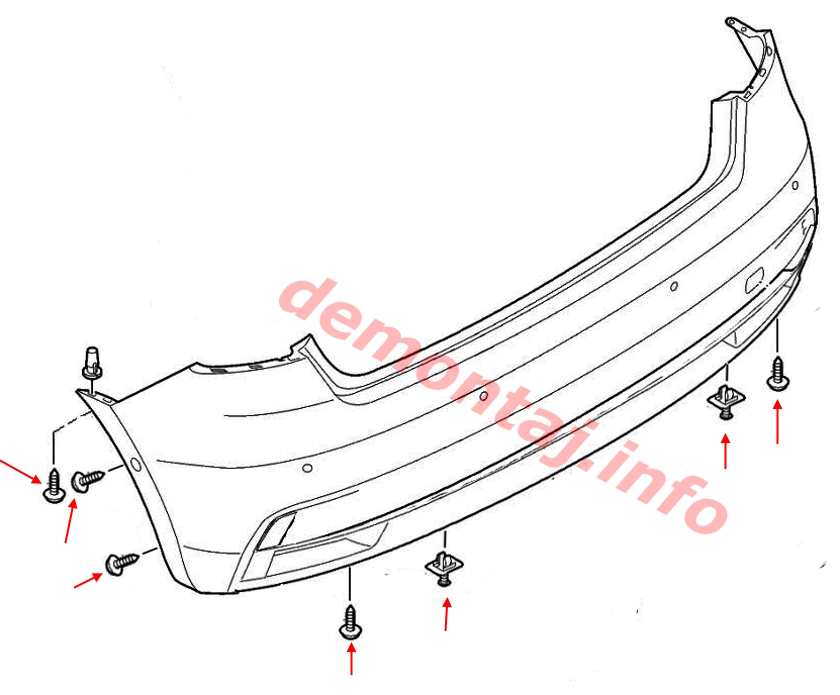 Схема крепления заднего бампера Audi A1 II (2019–2024) 