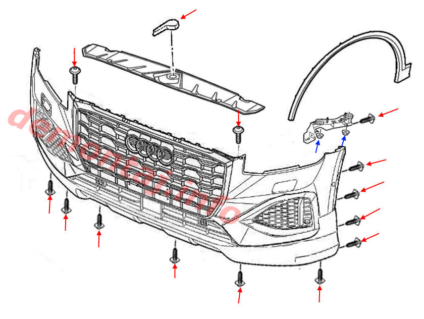 Схема крепления переднего бампера Q2 I (2017–2024) 