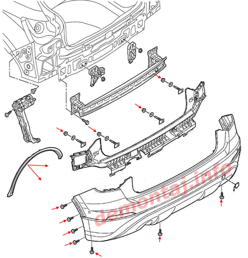 Схема крепления заднего бампера Q2 I (2017–2024)