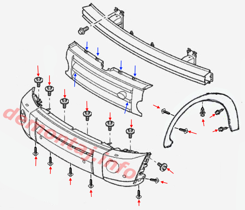 Схема крепления переднего бампера Land Rover Discovery III, LR3 2004–2009 