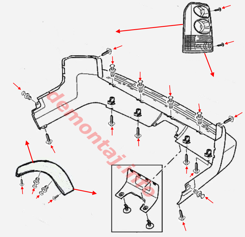 Схема крепления заднего бампера Land Rover Discovery III, LR3 2004–2009 