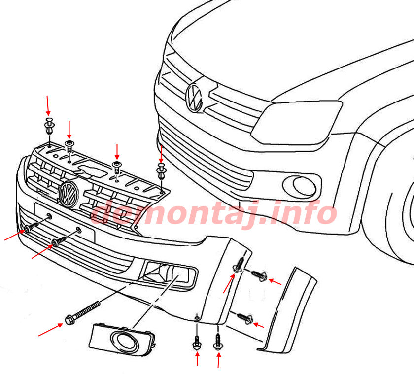 Схема крепления переднего бампера VW Amarok I 2F (2010-2022) 