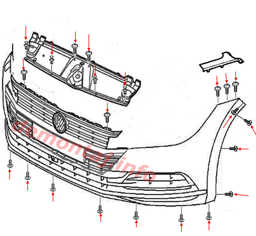 Схема крепления переднего бампера VW Arteon I (2017-2024) 
