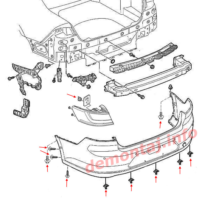 Схема крепления заднего бампера VW Arteon I (2017-2024) 