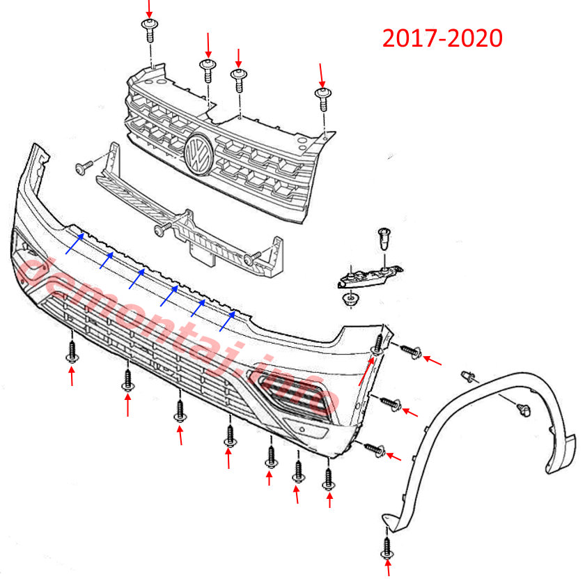 Схема крепления переднего бампера VW Atlas I (2017-2020) 