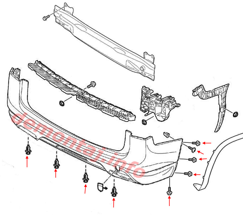 Схема крепления заднего бампера VW Atlas I (2017-2024) 