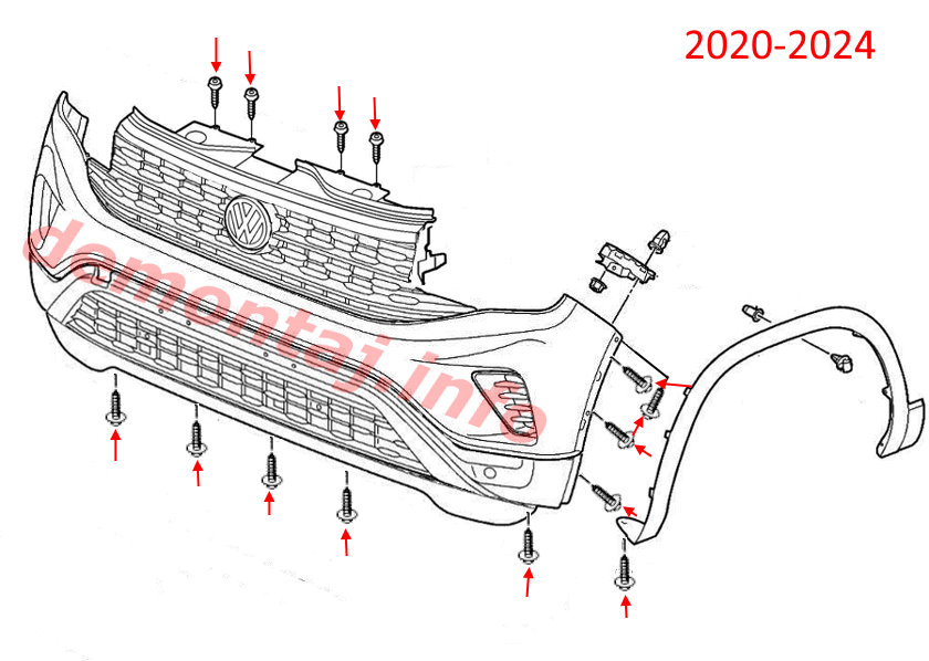 Схема крепления переднего бампера VW Atlas I (2020-2024) 