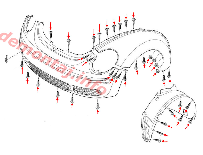 Схема крепления переднего бампера VW New Beetle (1997-2011) 