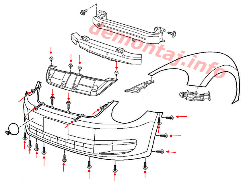 Схема крепления переднего бампера VW Beetle A5 (2011-2019) 