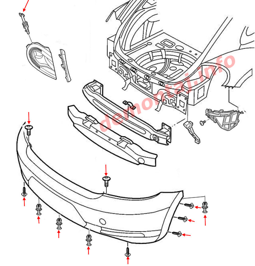 Схема крепления заднего бампера VW Beetle A5 (2011-2019) 