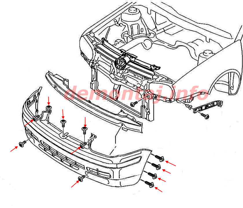 Схема крепления переднего бампера VW Bora (1999–2006) 
