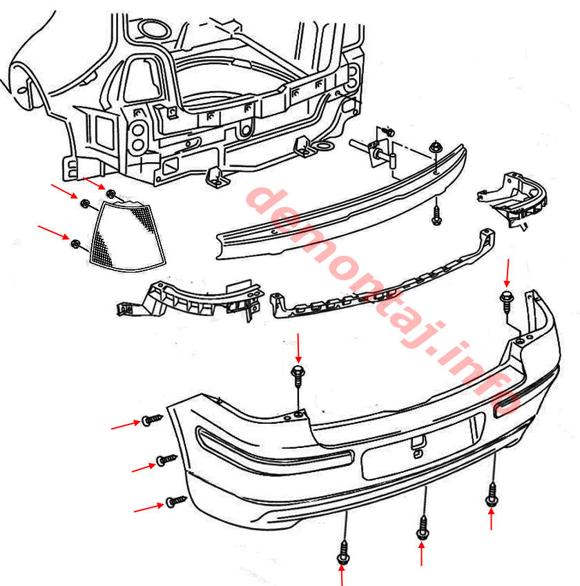 Схема крепления заднего бампера VW Bora (1999–2006) 