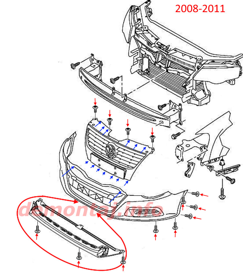 Схема крепления переднего бампера Volkswagen CC (Passat СС) 2008-2011 